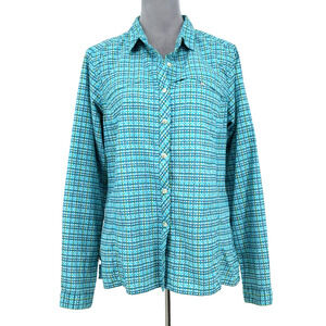 Exofficio Top Womens Large Blue White Plaid Blouse Long Sleeve Vents Pockets